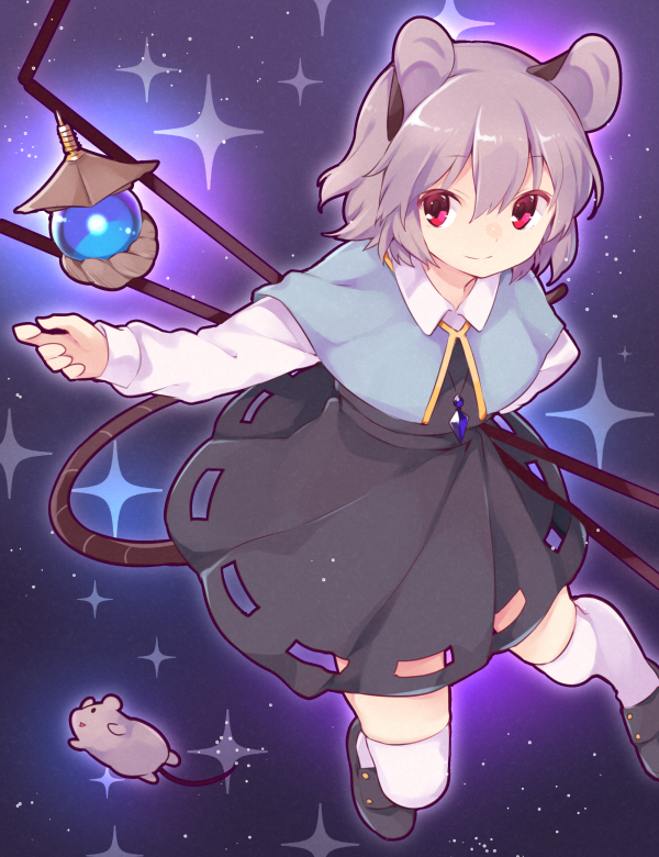 1girl akagashi_hagane animal animal_ears bishamonten's_pagoda capelet dowsing_rod dress grey_hair jewelry long_sleeves looking_at_viewer looking_to_the_side mouse mouse_ears mouse_tail nazrin necklace red_eyes shoes short_hair smile solo sparkle tail thigh-highs touhou white_legwear zettai_ryouiki