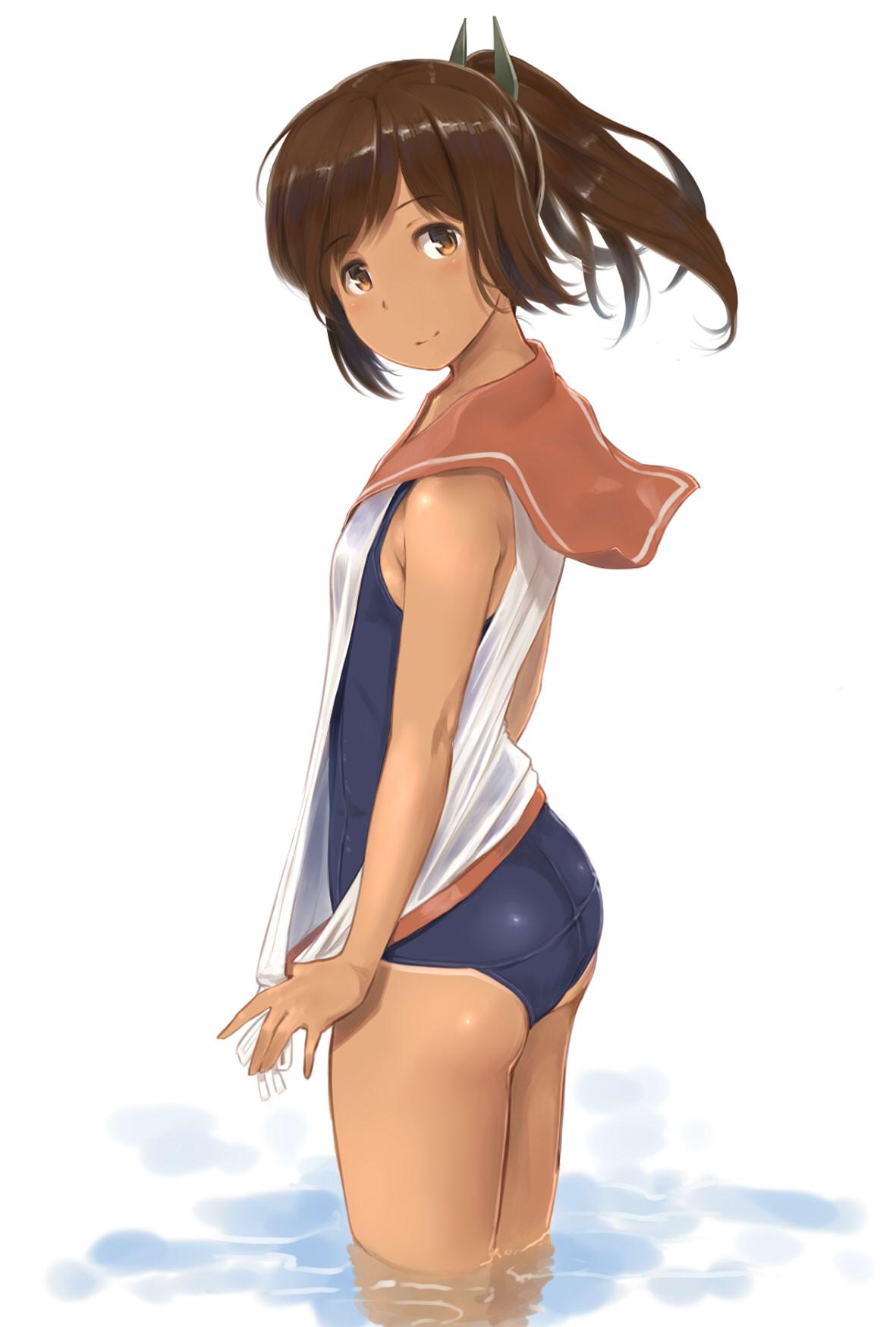 1girl bare_shoulders brown_eyes brown_hair highres i-401_(kantai_collection) kantai_collection one-piece_swimsuit ponytail sailor_collar school_swimsuit school_uniform short_hair short_ponytail simple_background smile solo swimsuit swimsuit_under_clothes tan wa_(genryusui) wading