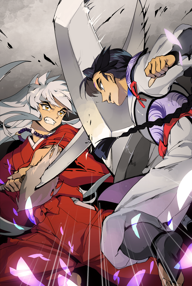 2boys action bankotsu_(inuyasha) battle black_hair braid clenched_teeth fighting inuyasha inuyasha_(character) japanese_clothes jewelry long_hair looking_at_another multiple_boys mumu2126 necklace pearl_necklace single_braid sword weapon