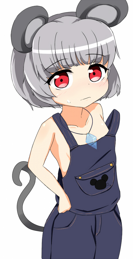 1girl alternate_costume animal_ears collarbone cowboy_shot grey_hair hand_on_hip jewelry light_frown looking_at_viewer mouse_ears mouse_tail naked_overalls nazrin no_shirt oni_tofu overalls pendant red_eyes short_hair solo strap_slip sweatdrop tail touhou