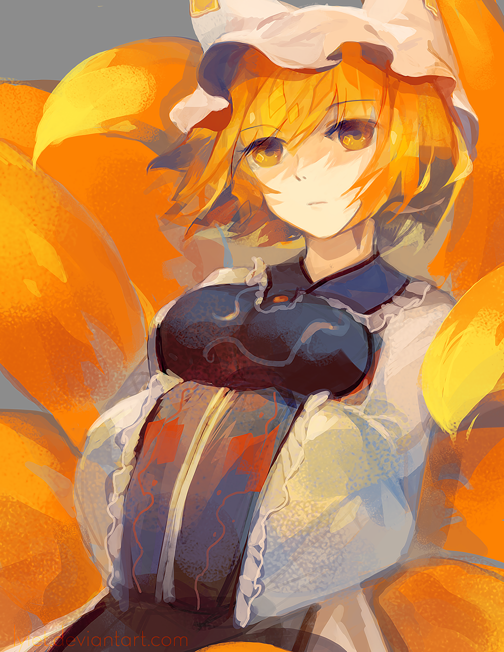 1girl animal_ears breast_rest breasts dress expressionless fox_ears fox_tail grey_background hands_in_sleeves highres long_sleeves looking_at_viewer lyiet multiple_tails orange_eyes orange_hair short_hair simple_background solo tabard tail touhou upper_body wide_sleeves yakumo_ran