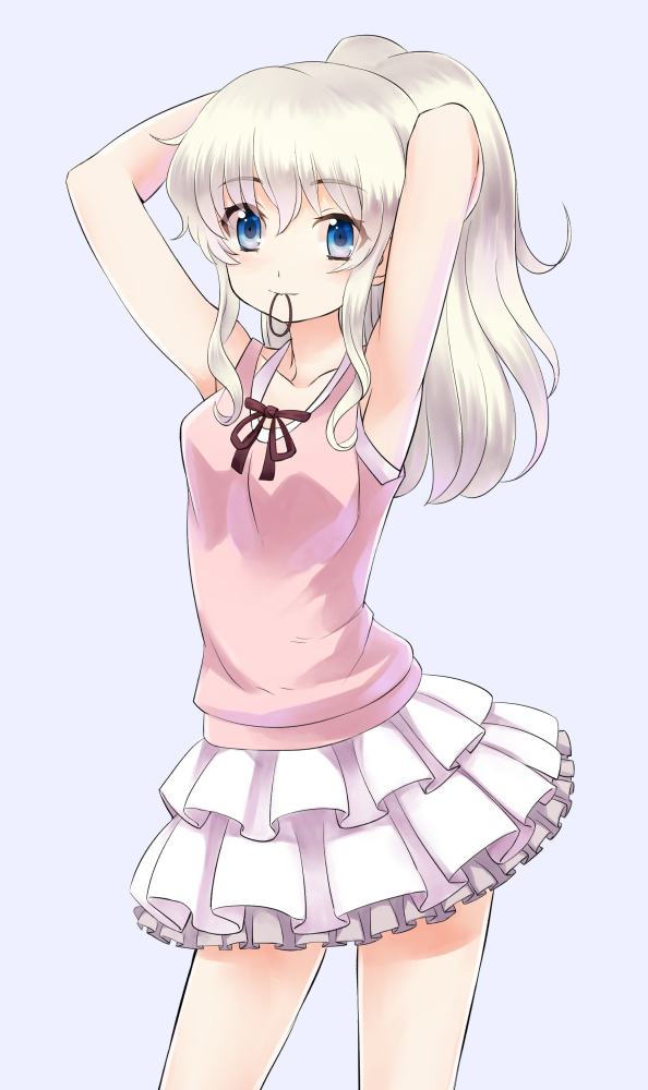 1girl blue_eyes casual charlotte_(anime) long_hair mouth_hold ponytail rin2008 silver_hair standing tomori_nao