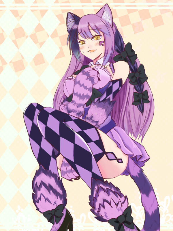 animal_ears argyle argyle_legwear bare_shoulders black_hair blush bow cat_ears cat_paws cat_tail cheshire_cat_(monster_girl_encyclopedia) claws fur hair_bow hair_ornament long_hair monster_girl monster_girl_encyclopedia multicolored_hair open_mouth paws purple_hair purple_legwear slit_pupils tail thigh-highs two-tone_hair yellow_eyes