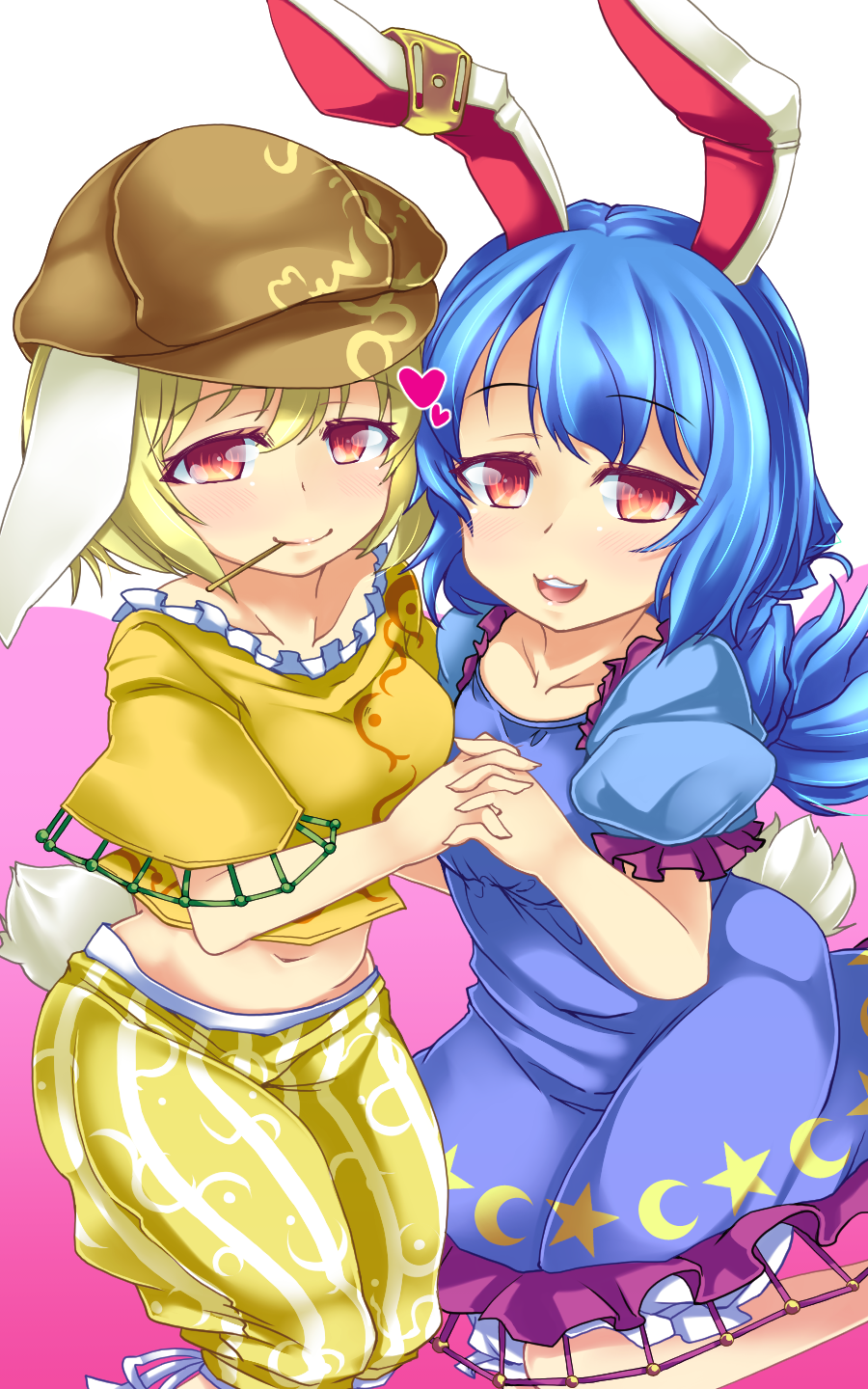 2girls animal_ears arm_behind_back blonde_hair bloomers blue_dress blue_hair bunny_tail crescent crop_top dress ear_clip flat_cap folded_leg hat head_to_head heart highres holding_hands interlocked_fingers konata_gazel long_hair looking_at_viewer midriff multiple_girls navel open_mouth ponytail puffy_short_sleeves puffy_sleeves rabbit_ears red_eyes ringo_(touhou) seiran_(touhou) short_hair short_sleeves shorts simple_background smile star tail touhou two-tone_background underwear yuri