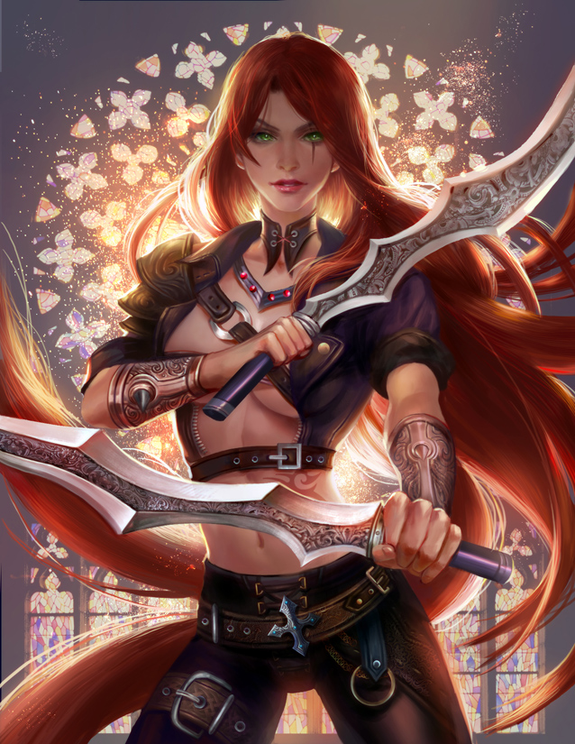 1girl belt breasts cowboy_shot cropped_jacket dual_wielding fighting_stance gorget green_eyes katarina_du_couteau league_of_legends lips lipstick long_hair makeup multiple_girls navel nose pants pauldrons redhead solo stained_glass sword tattoo under_boob vambraces very_long_hair weapon yang_fan
