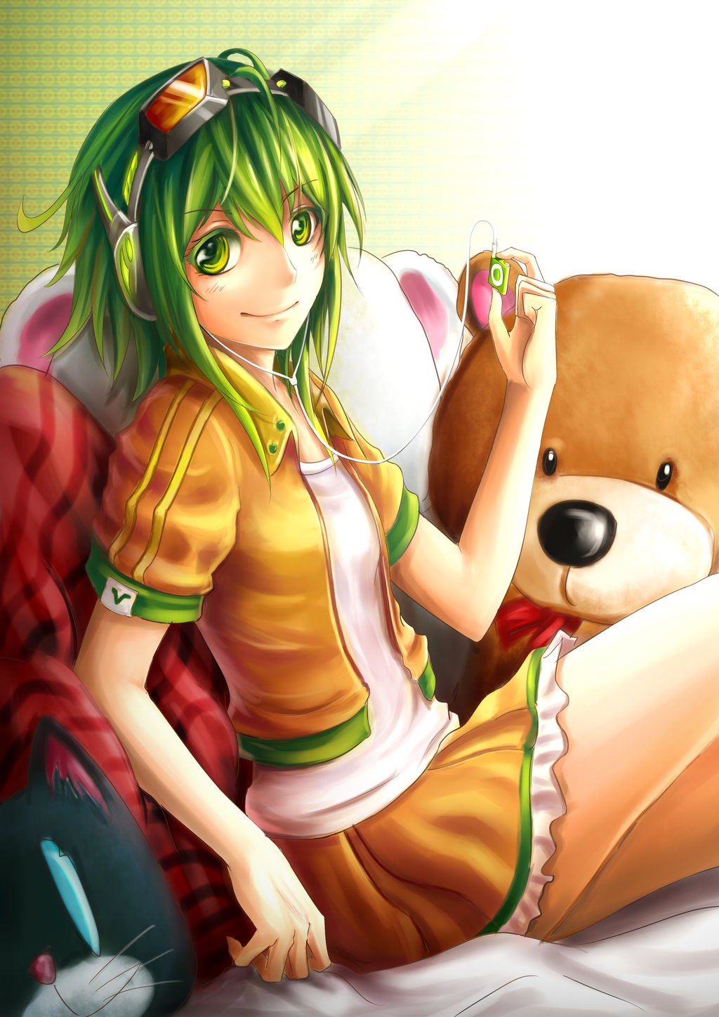 &gt;:) goggles green_eyes green_hair gumi headphones highres ipod_shuffle jacket jurrig looking_at_viewer open_clothes open_jacket orange_skirt shirt short_sleeves sitting skirt smile stuffed_animal stuffed_toy vocaloid white_shirt