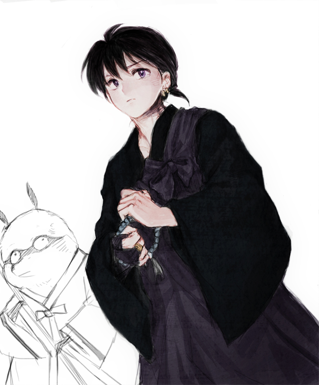 1boy black_hair bracelet flwpaqmf hachiemon inuyasha jewelry miroku monk partially_colored short_hair violet_eyes wide_sleeves