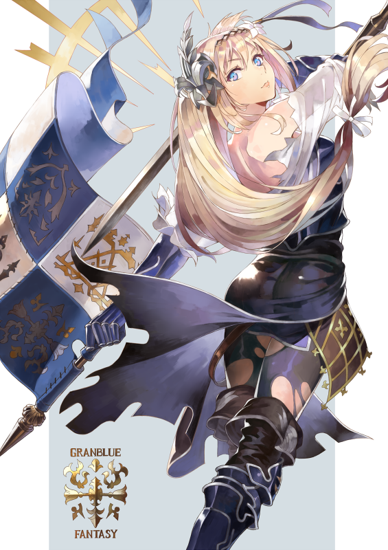 1girl blonde_hair blue_eyes granblue_fantasy jeanne_d'arc_(granblue_fantasy) long_hair solo sword thigh-highs torn_clothes torn_thighhighs uwtk weapon
