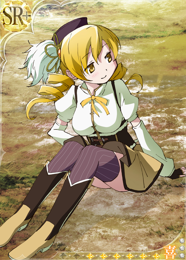 beret blonde_hair boots brown_legwear corset detached_sleeves drill_hair fingerless_gloves gloves hair_ornament hat magical_girl mahou_shoujo_madoka_magica official_art puffy_sleeves sitting smile striped striped_legwear thigh-highs tomoe_mami trading_card twin_drills vertical-striped_legwear vertical_stripes yellow_eyes