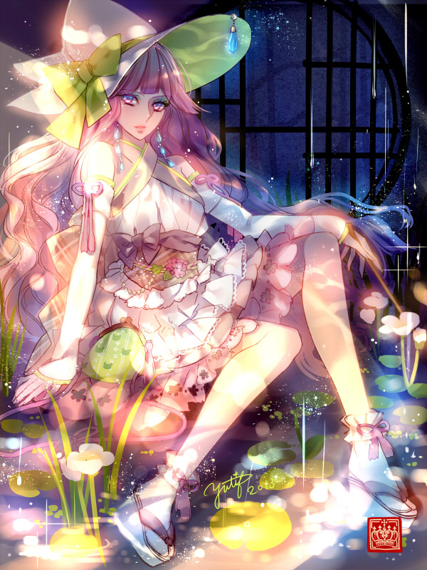 1girl bow detached_sleeves dress earrings flower hat hat_bow jewelry lily_pad long_hair looking_at_viewer original pink_eyes pink_hair rain round_window sitting socks solo water white_dress white_footwear white_hat witch_hat yutif
