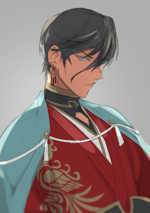 1boy alternate_hair_length alternate_hairstyle black_hair hanadi_(hndboo) izumi-no-kami_kanesada japanese_clothes short_hair solo touken_ranbu