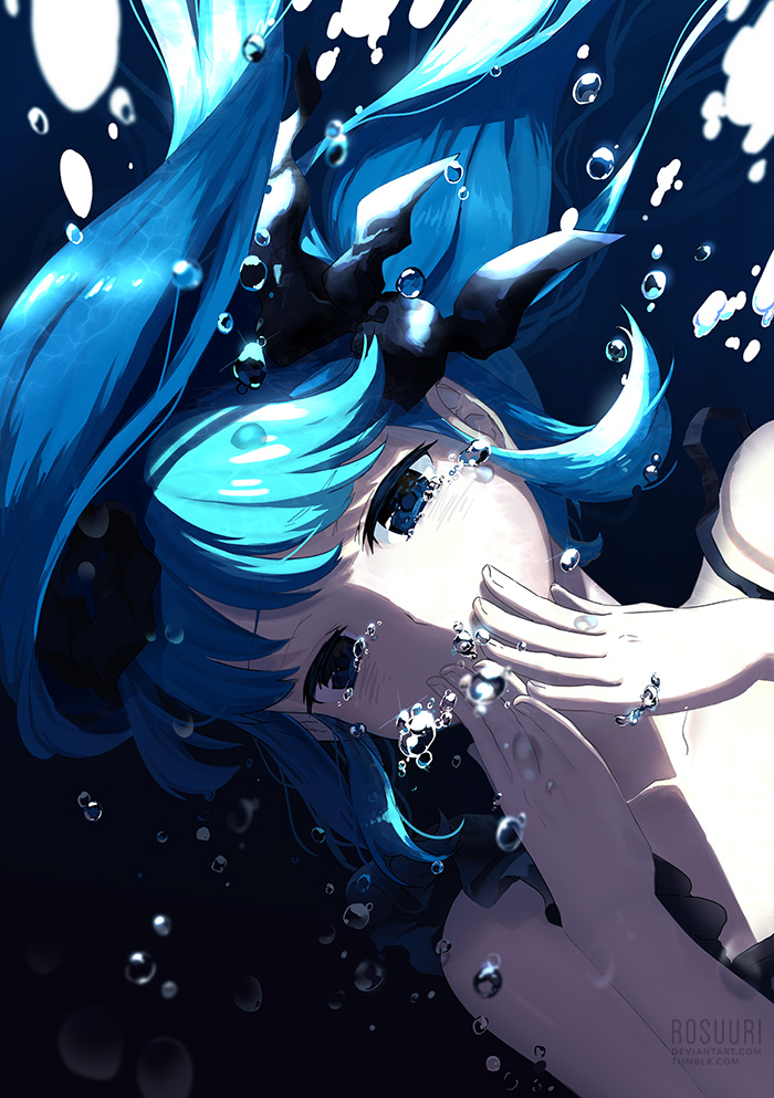 1girl air_bubble artist_name black_dress blue_eyes blue_hair bubble collarbone covering_mouth dress hatsune_miku looking_at_viewer rosuuri shinkai_shoujo_(vocaloid) tears twintails underwater vocaloid