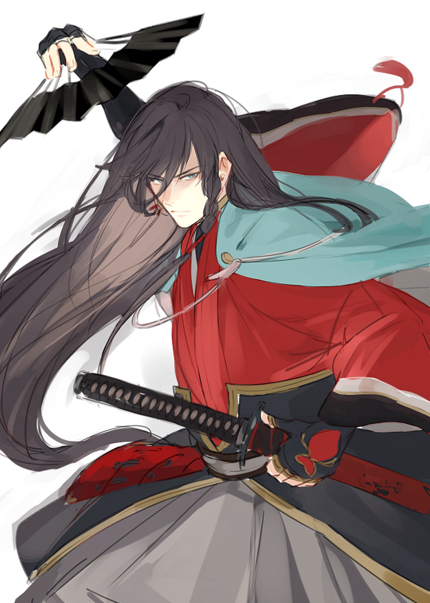 1boy black_hair fan folding_fan hanadi_(hndboo) izumi-no-kami_kanesada japanese_clothes long_hair solo touken_ranbu