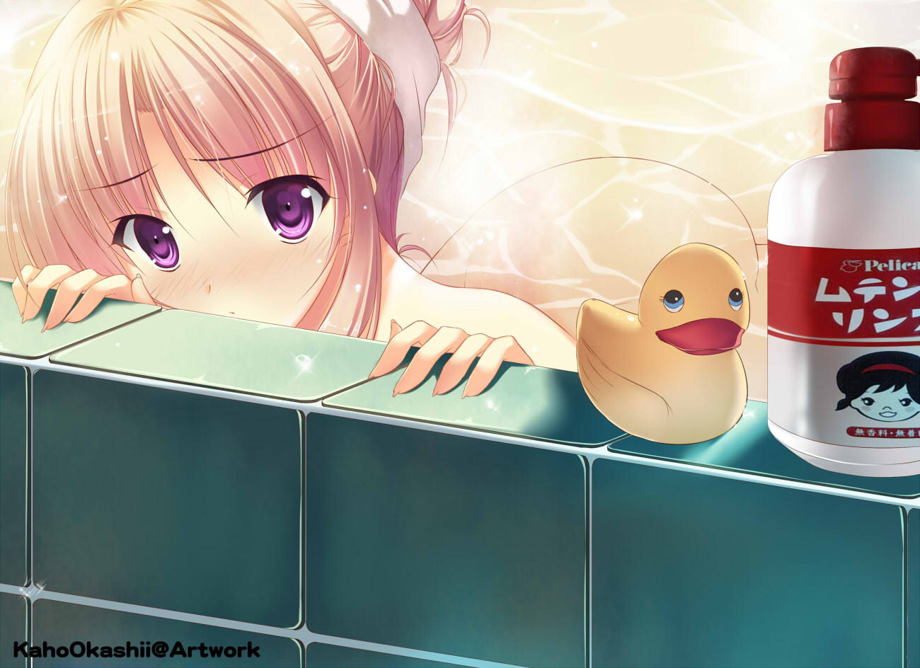 1girl ass bathing bathtub blonde_hair embarrassed kaho_okashii nude original partially_submerged rubber_duck shy tiles violet_eyes water wet