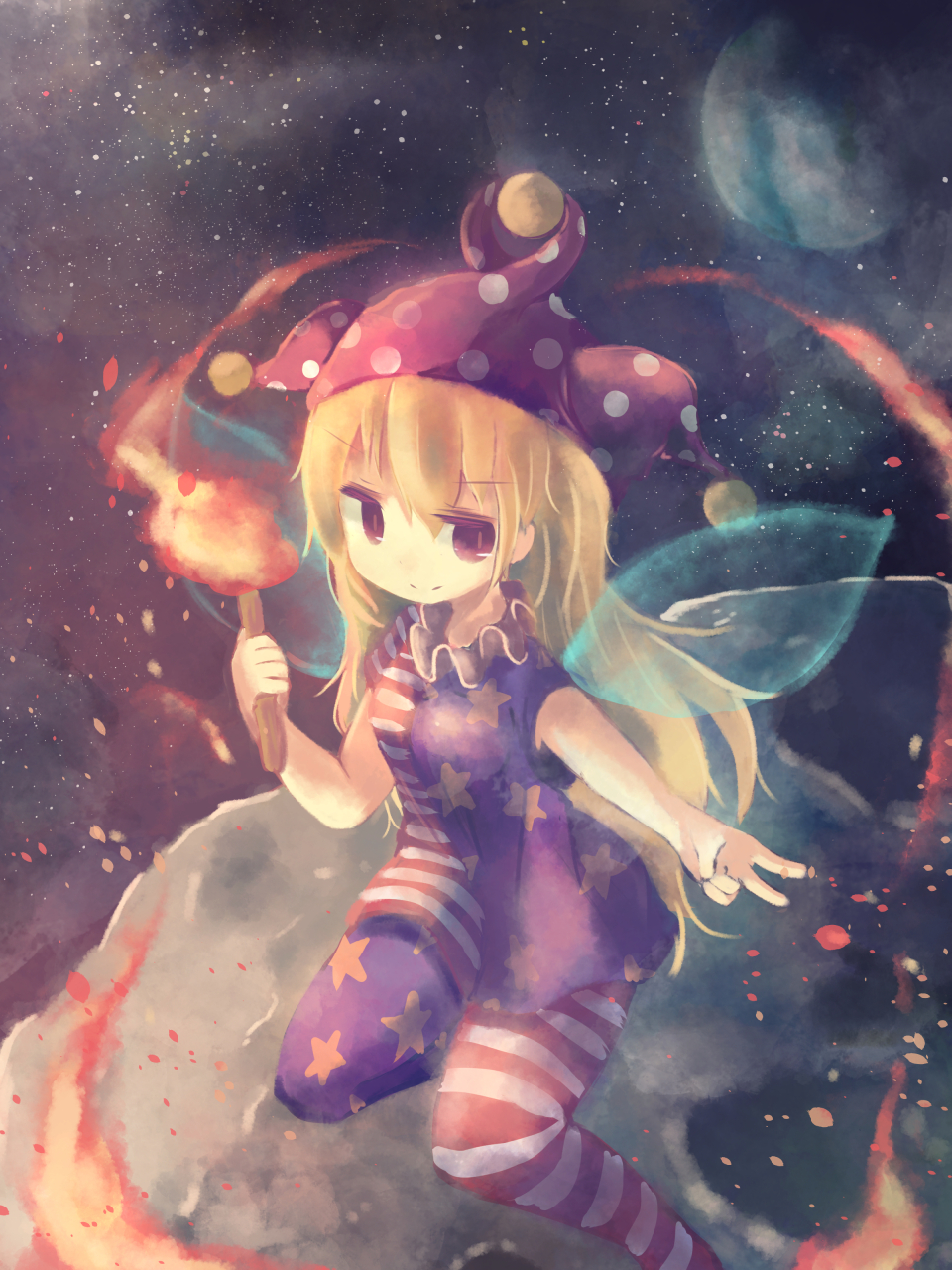 1girl american_flag_legwear american_flag_shirt blonde_hair clownpiece earth fairy_wings flame hat highres jester_cap long_hair looking_to_the_side moon short_sleeves slit_pupils smile solo space ti_owo torch touhou v very_long_hair violet_eyes wings
