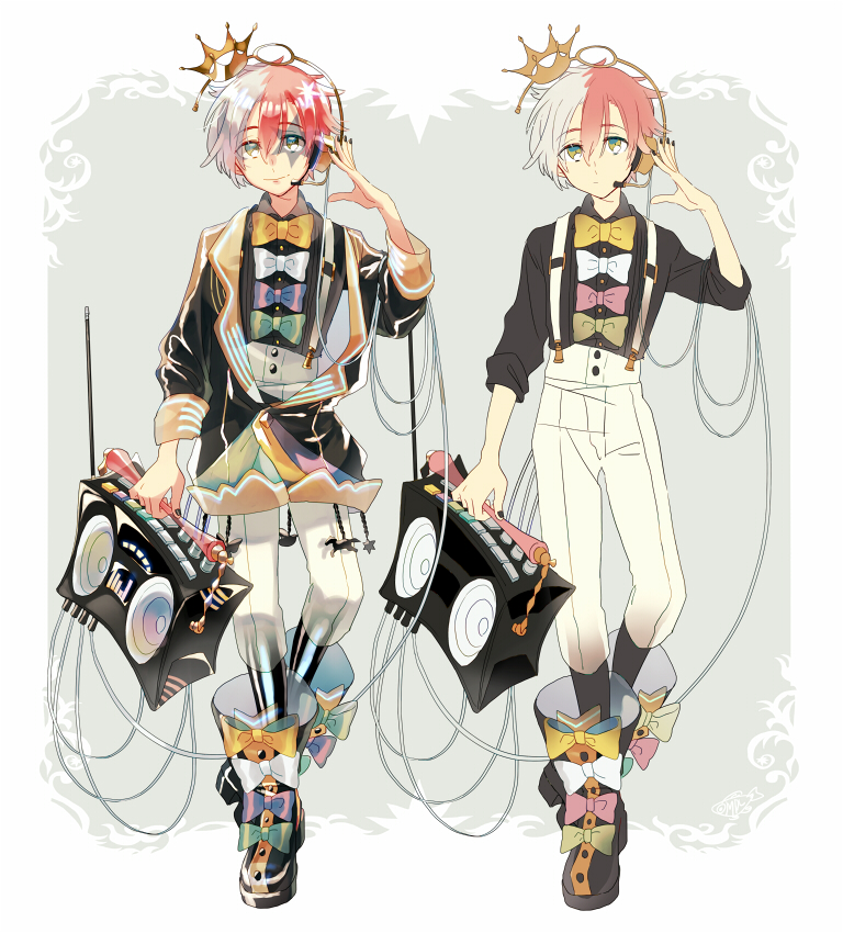 1boy black_nails boombox boots bowtie crown facial_mark flat_color fukase green_eyes hand_on_headphones headphones headset male_focus maple_(cyakapon) mini_crown multicolored_hair nail_polish solo star suspenders vocaloid
