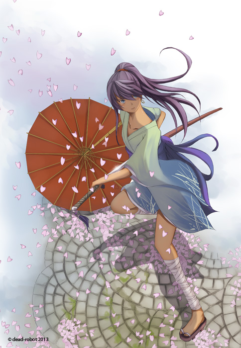 1girl ankle_wraps cherry_blossoms dark_skin dead-robot drawing_sword fighting_stance geta iaidou japanese_clothes katana kimono long_hair no_socks original ponytail purple_hair sandals short_kimono sword umbrella weapon