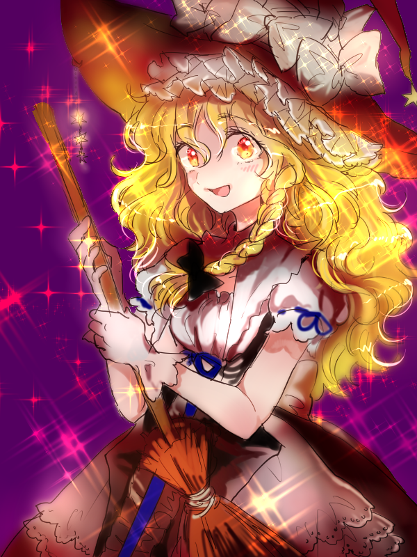 1girl blonde_hair bow braid broom hat hat_bow kirisame_marisa long_hair looking_at_viewer open_mouth puffy_short_sleeves puffy_sleeves rosette_(roze-ko) shirt short_sleeves single_braid skirt smile solo sparkle touhou vest witch_hat yellow_eyes