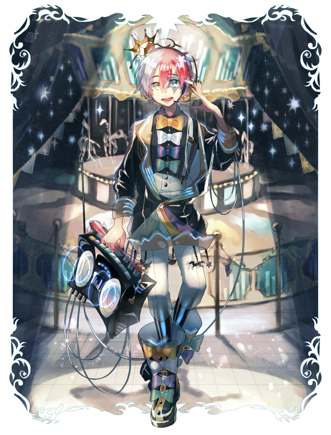 1boy black_nails boombox boots bowtie carousel crown facial_mark fukase green_eyes headset male_focus maple_(cyakapon) mini_crown multicolored_hair nail_polish neon_trim open_mouth see-through smile solo sound_wave spotlight star suspenders vocaloid