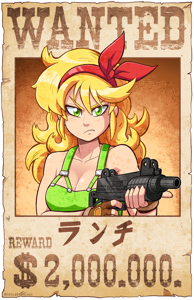 1girl blonde_hair breasts character_name cleavage dragon_ball fingerless_gloves gloves green_eyes gun hairband imi_uzi lunch_(dragon_ball) mike_luckas poster solo submachine_gun wanted weapon
