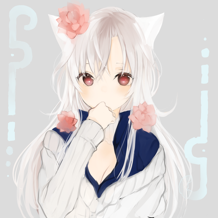 1girl animal_ears breasts cleavage covering_mouth flower hair_flower hair_ornament long_hair looking_at_viewer lp_(hamasa00) original red_eyes solo sweater white_hair
