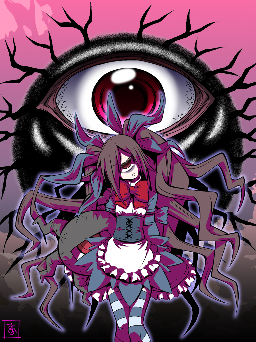 1girl backbeard backbeard_(monster_musume) bow brown_hair crossover cyclops gegege_no_kitarou gothic_lolita highres lolita_fashion long_hair monster_musume_no_iru_nichijou one-eyed red_bow red_eyes s-now signature striped striped_legwear twintails very_long_hair