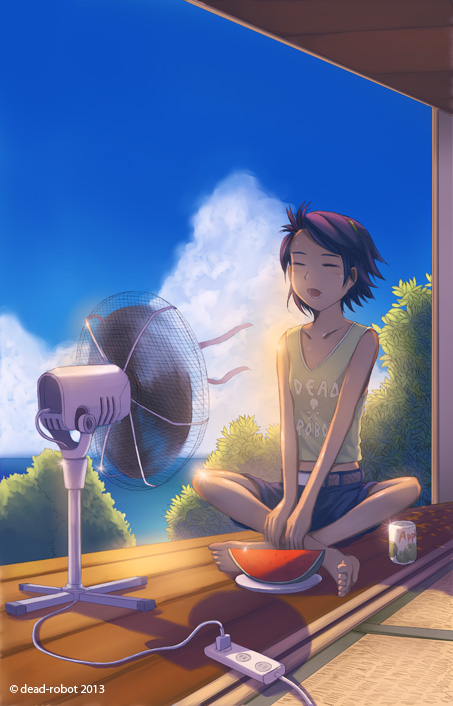 1girl bare_legs barefoot black_hair closed_eyes dead-robot electric_fan electric_socket fan food fruit hot indian_style original porch power_strip short_hair short_shorts shorts sitting soda_can summer tan_skin tank_top tatami watermelon