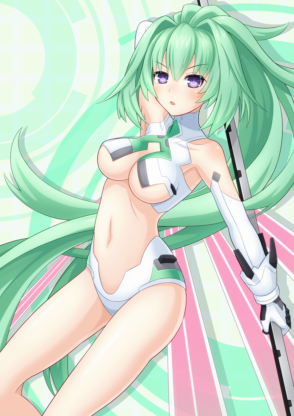 1girl breasts green_hair green_heart highres large_breasts long_hair looking_at_viewer neptune_(series) open_mouth polearm sakaki_jin'ya solo spear symbol-shaped_pupils vert very_long_hair violet_eyes weapon wings