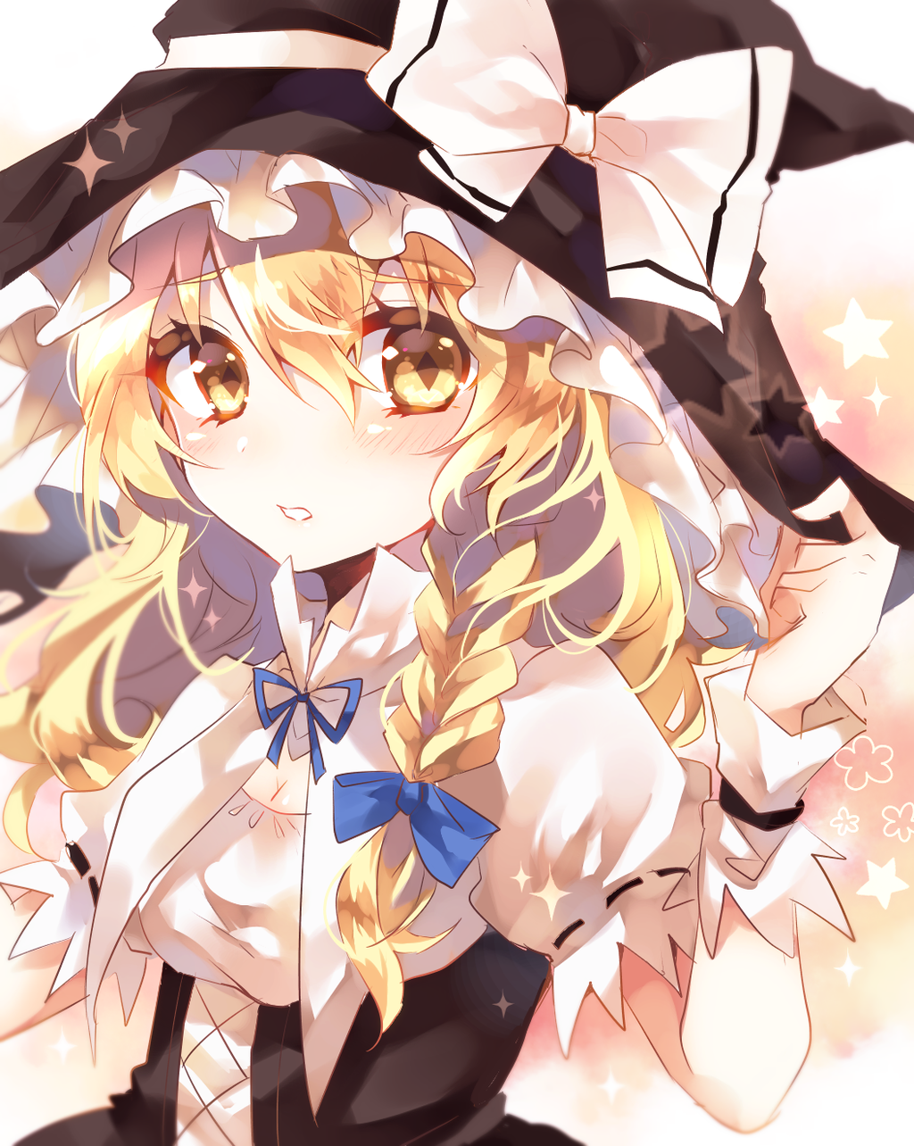 1girl blonde_hair blush bow braid cleavage_cutout gradient gradient_background hair_bow hair_ornament hat hat_ribbon highres kirisame_marisa looking_at_viewer parted_lips puffy_sleeves ribbon short_sleeves side_braid single_braid solo star sweetroad touhou upper_body witch_hat wrist_cuffs yellow_eyes