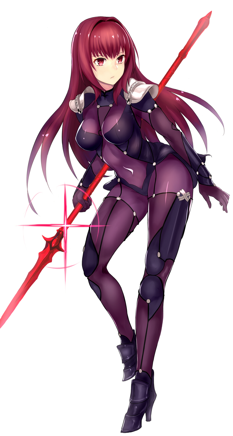 1girl bodysuit covered_navel fate/grand_order fate_(series) gae_bolg highres jilllxlxl long_hair pauldrons polearm purple_hair red_eyes scathach_(fate/grand_order) solo spear weapon