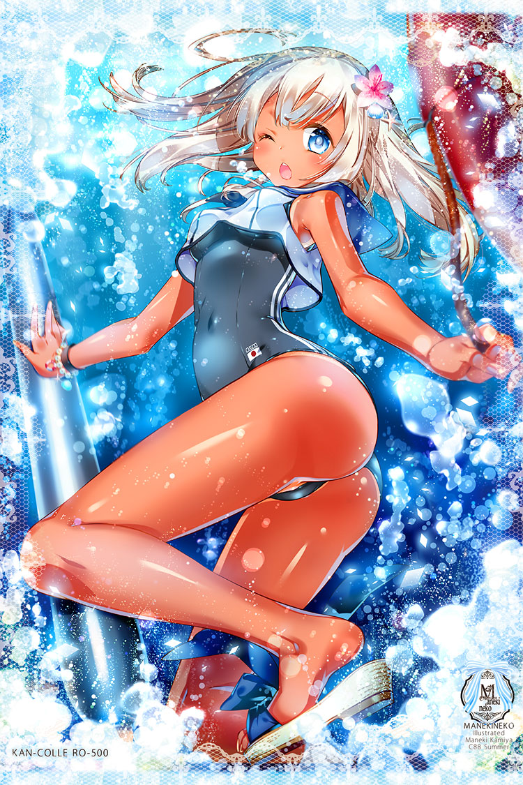 1girl ass bare_legs bracelet breasts covered_navel flower hair_flower hair_ornament jewelry kamiya_maneki kantai_collection long_hair looking_at_viewer one_eye_closed revision ro-500_(kantai_collection) sandals school_swimsuit short_hair silver_hair solo swimsuit swimsuit_under_clothes tan torpedo underwater water