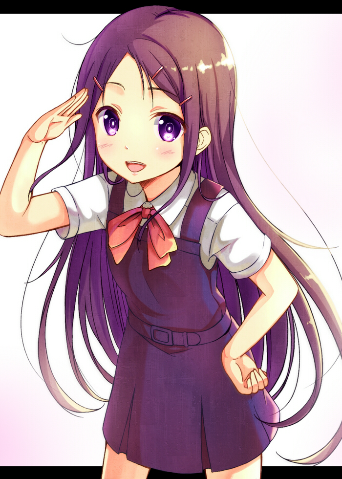 1girl black_hair charlotte_(anime) long_hair otosaka_ayumi salute school_uniform sekiyu. standing violet_eyes