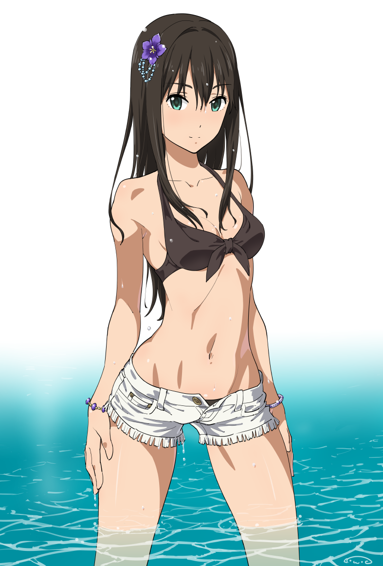 1girl bikini bikini_top black_hair bracelet flower front-tie_top green_eyes hair_flower hair_ornament idolmaster idolmaster_cinderella_girls jewelry light_smile long_hair looking_at_viewer midriff navel open_fly shibuya_rin shiny shiny_skin short_shorts shorts solo suna swimsuit unbuttoned unzipped wading water wet wet_hair