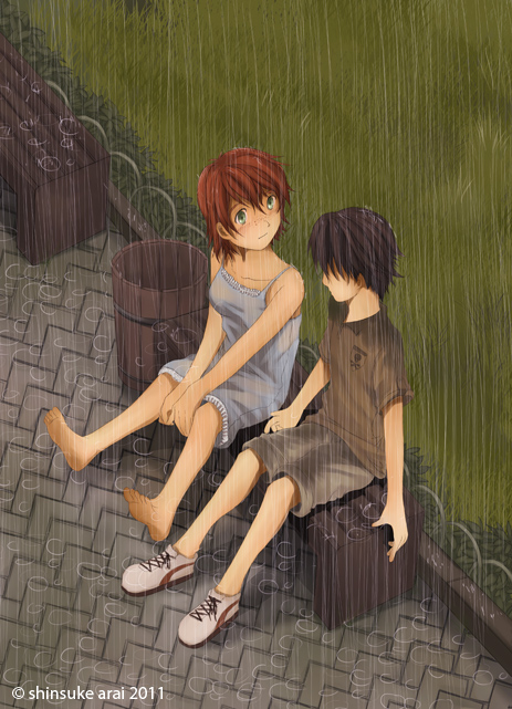 1boy 1girl barefoot bench black_hair dead-robot dirty_feet dress feet freckles green_eyes hair_over_eyes original rain redhead shoes short_dress short_hair shorts sitting sneakers t-shirt trash_can wet