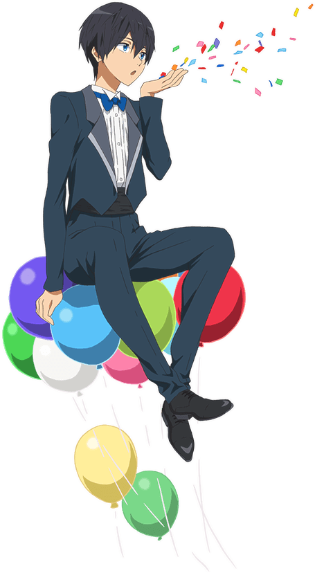 1boy balloon black_hair blowing blue_eyes bowtie confetti dress_shirt free! hand_up male_focus nanase_haruka_(free!) official_art pants shirt shoes short_hair sitting solo transparent_background tuxedo