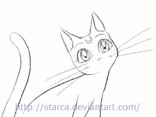 1girl animated animated_gif bishoujo_senshi_sailor_moon cat crescent double_bun earrings facial_mark forehead_mark jewelry lineart lowres luna_(sailor_moon) monochrome solo starca transformation watermark web_address whiskers