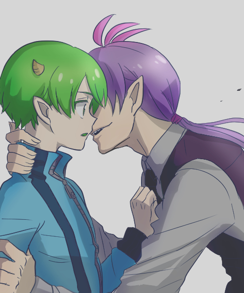 2boys blue_eyes colored_eyelashes green_hair hair_over_one_eye horns incipient_kiss michael_wazowski monsters_inc. multiple_boys nagatobi necktie one-eyed open_mouth personification ponytail randall_boggs sharp_teeth short_hair smile yaoi