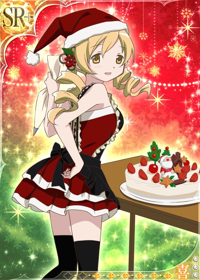 1girl alternate_costume apron black_legwear blonde_hair bow cake christmas dessert dress drill_hair food hair_ornament hat mahou_shoujo_madoka_magica official_art pastry_bag santa_costume santa_hat smile solo thigh-highs tomoe_mami trading_card twin_drills yellow_eyes