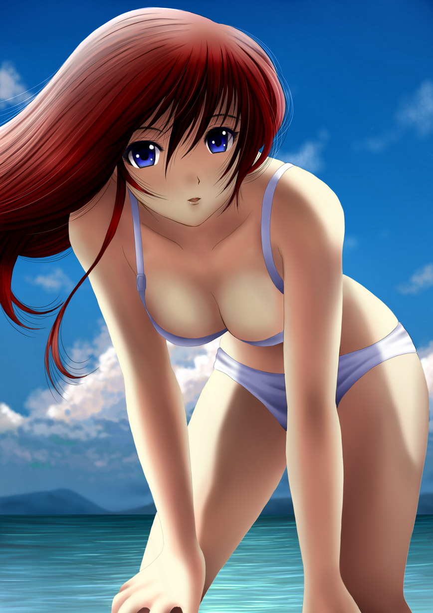1girl bent_over bikini blue_eyes blue_sky breasts cleavage close-up collarbone hands_on_own_knees hanging_breasts highres ilolamai looking_at_viewer original parted_lips purple_bikini redhead sky swimsuit water