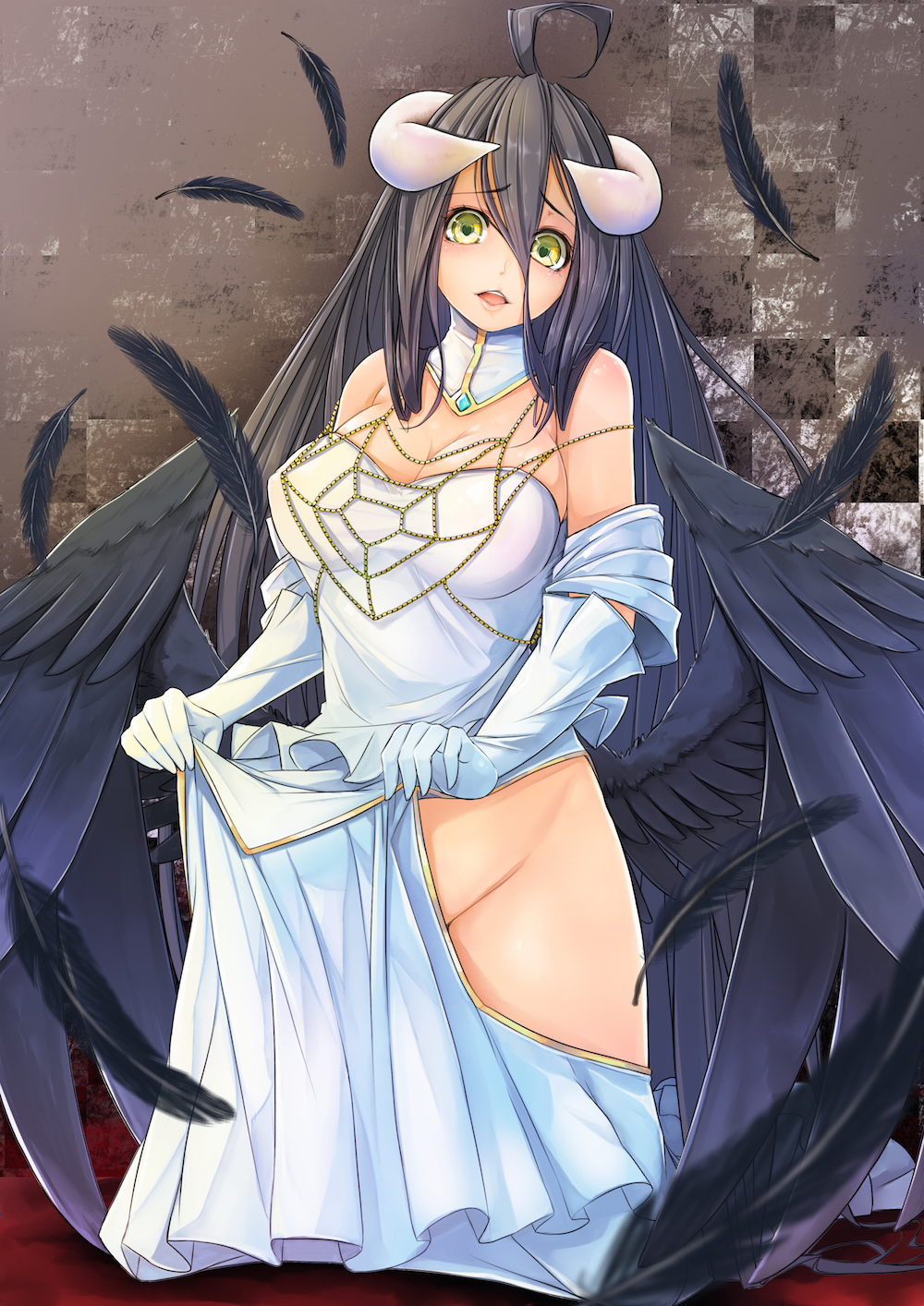 1girl ahoge albedo bare_shoulders bird_wings black_hair black_wings breasts cleavage demon_girl demon_horns detached_collar dress dress_lift elbow_gloves feathers gloves groin highres horns jewelry large_breasts long_hair looking_at_viewer maru-pen necklace no_panties open_mouth overlord_(maruyama) silk solo spider_web strapless_dress very_long_hair white_dress white_gloves wings yellow_eyes