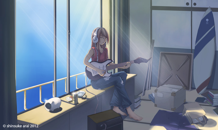 1girl amplifier barefoot cigarette closed_eyes dead-robot denim digital_media_player electric_guitar feet guitar headphones instrument jeans original pants piggy_bank playing_instrument smoking surfboard t-shirt torn_clothes torn_jeans