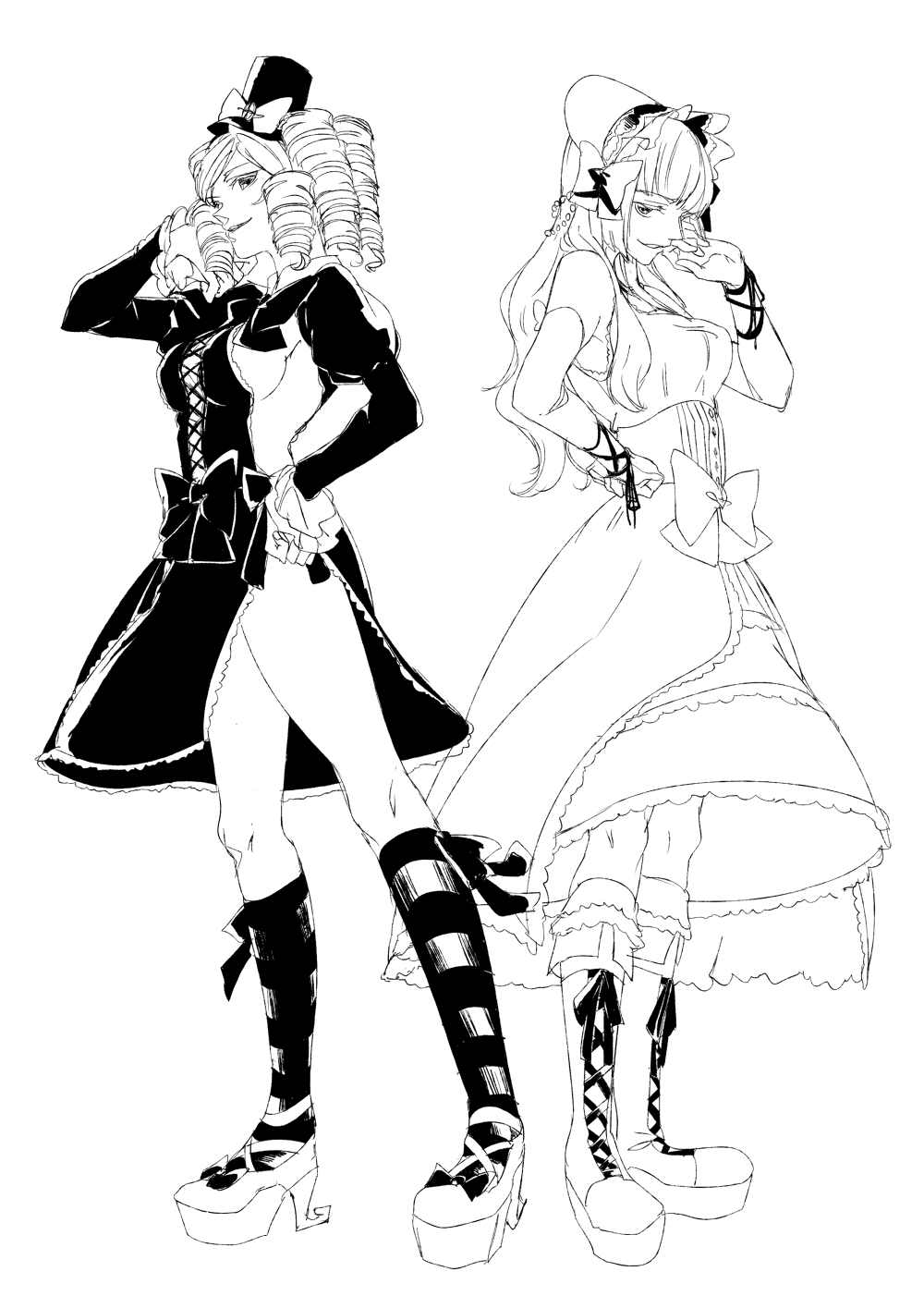 2girls bonnet boots bow breasts clair_vaux_bernardus cross-laced_footwear dress drill_hair gaap hand_on_hip hat highres kneehighs lace-up_boots monochrome multiple_girls sideboob smile sofy umineko_no_naku_koro_ni