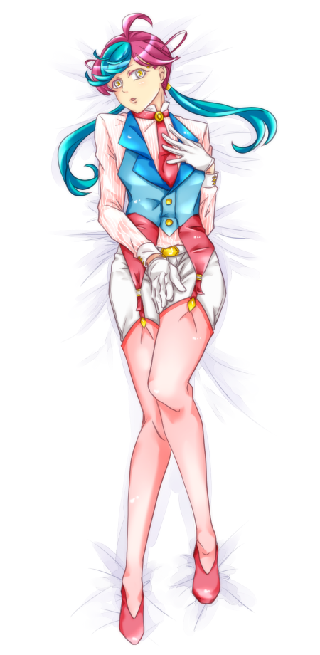 ahoge blue_hair dakimakura garter_straps gloves looking_at_viewer lying mugen_infinite multicolored_hair necktie on_back personification pink_hair pink_legwear pink_shoes pokemon porygon-z shoes two-tone_hair white_gloves yellow_eyes