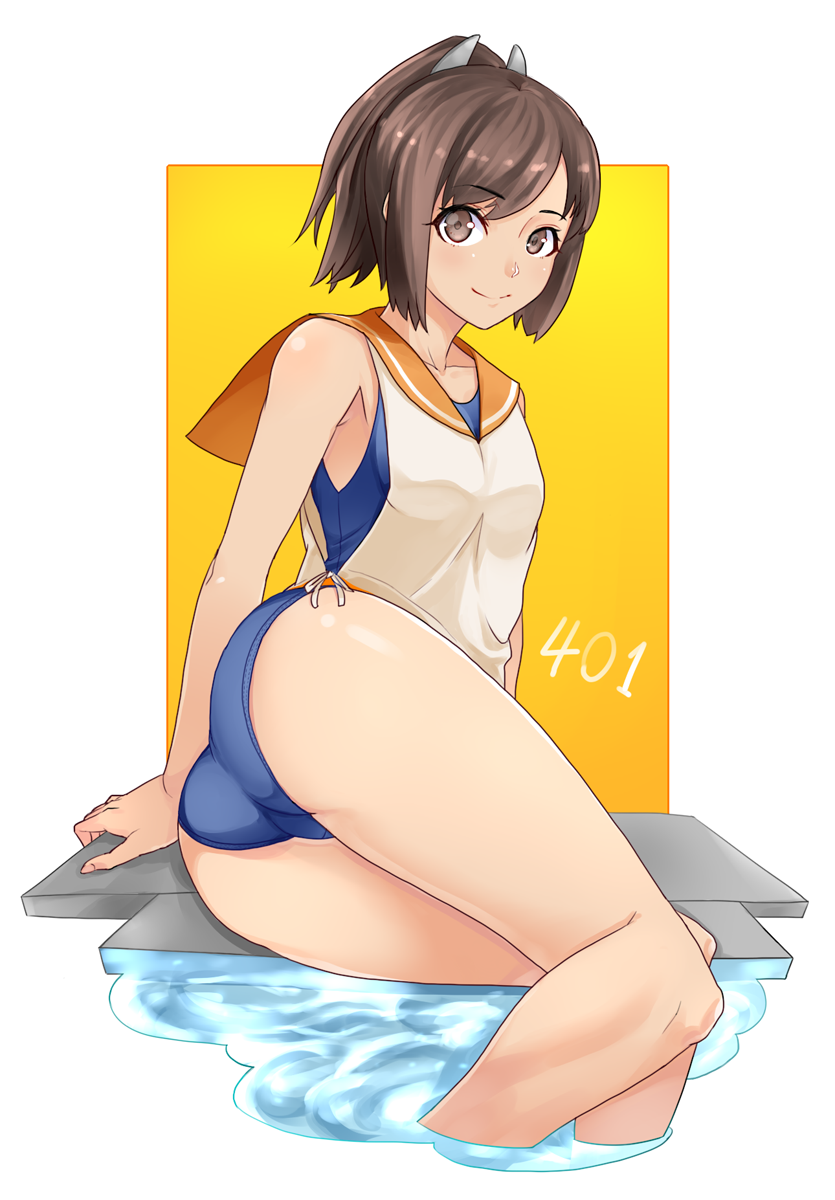 1girl ass bare_legs brown_eyes brown_hair feet_in_water highres kantai_collection looking_at_viewer nagidori ponytail sitting smile soaking_feet swimsuit swimsuit_under_clothes water