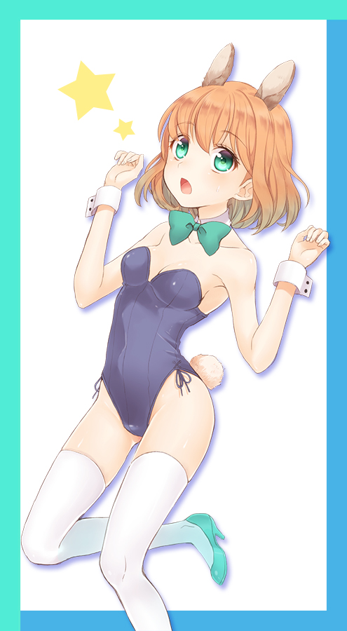 1girl amelie_planchard animal_ears bowtie bunny_tail bunnysuit collarbone detached_collar extra_ears green_eyes high_heels looking_at_viewer open_mouth orange_hair pomery rabbit_ears short_hair solo star strike_witches tail thigh-highs wrist_cuffs