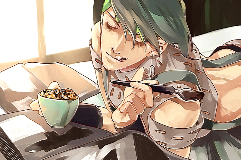 1boy cup eyelashes food food_on_face headband hertz_(tsuquart) jojo_no_kimyou_na_bouken kishibe_rohan solo spoon