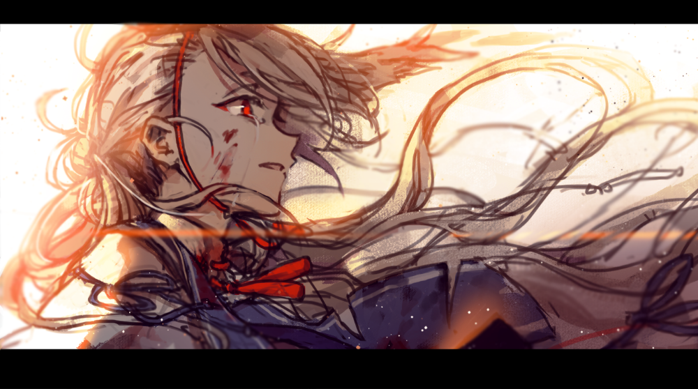 1boy backlighting chin_strap crying ima-no-tsurugi japanese_clothes letterboxed long_hair male_focus parted_lips profile red_eyes sinsora solo stole streaming_tears tears torn_clothes touken_ranbu