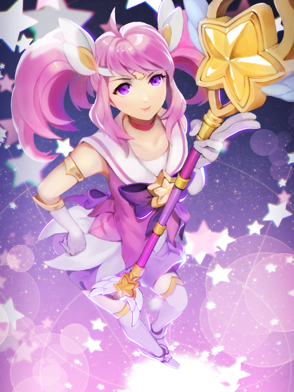 1girl ahoge alternate_costume armlet choker dakun from_above gloves hair_ornament hand_on_hip highres league_of_legends luxanna_crownguard magical_girl over-kneehighs pink_hair sailor_collar sidelocks skirt smile solo star star_guardian_lux thigh-highs tiara twintails violet_eyes wand white_gloves white_legwear