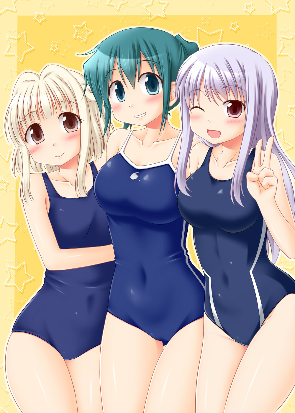 3girls blonde_hair brown_eyes competition_school_swimsuit green_eyes green_hair hidamari_sketch highres matsuri_(hidamari_sketch) multiple_girls nazuna new_school_swimsuit nori purple_hair school_swimsuit short_hair swimsuit twintails utomo v