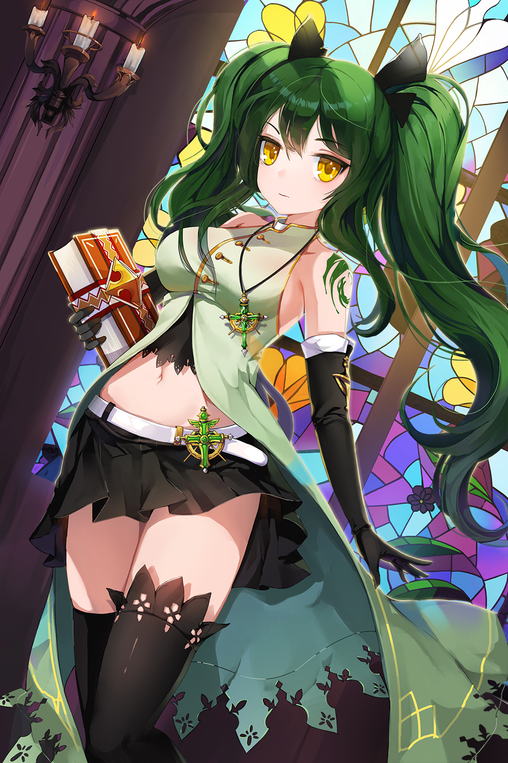 1girl belt black_gloves black_legwear book candle candlelight elbow_gloves gloves green_hair hair_ribbon highres jewelry long_hair looking_at_viewer miniskirt navel necklace ribbon skirt solo sword_girls thigh-highs twintails yellow_eyes yumaomi